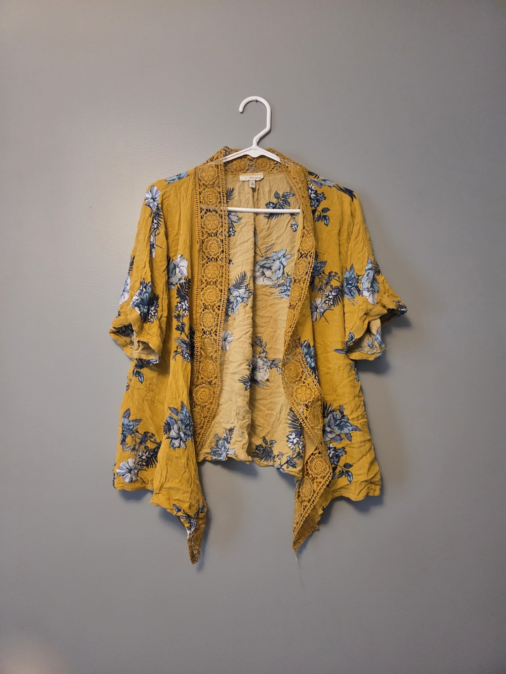 Mustard Yellow Floral Crochet Trim Kimono